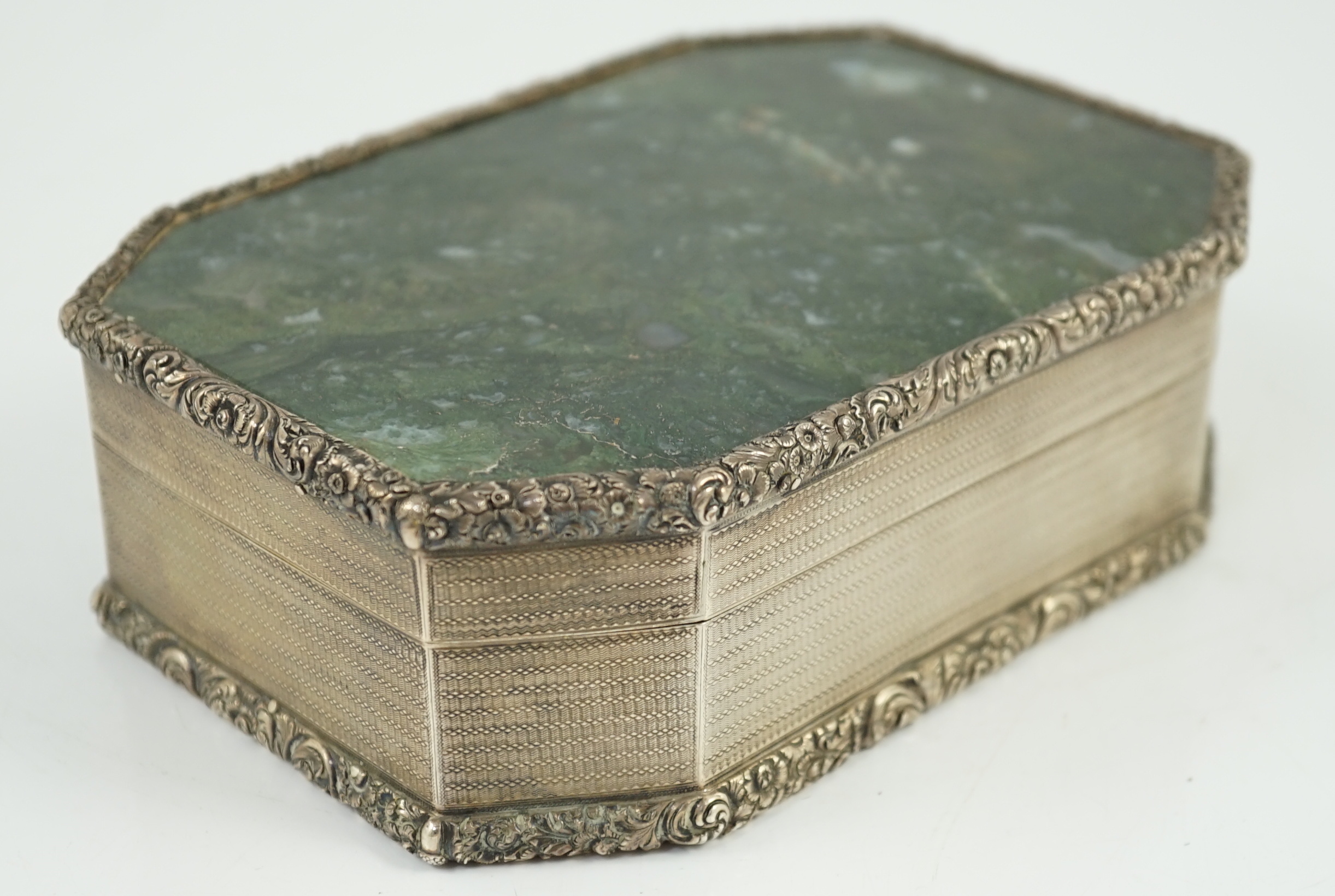 An early Victorian engine turned silver and inset moss agate box and cover, by Sampson Mordan I
